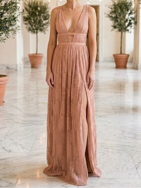 TJD Pink Lace Maxi Dress V-Neck Backless Wedding Guest Gown Formal Boho Sz 8 EUC